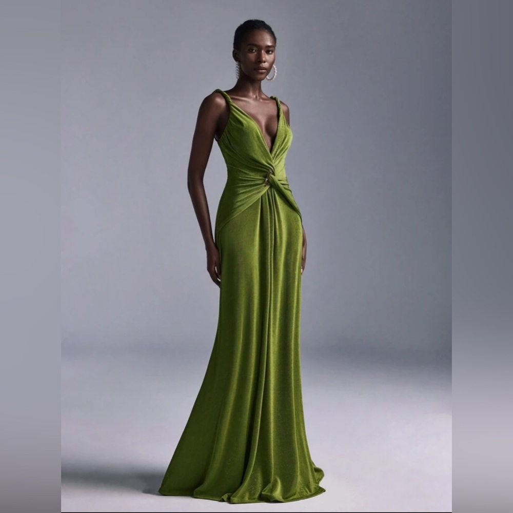 Elitara Green Formal Twist-Front Maxi Dress